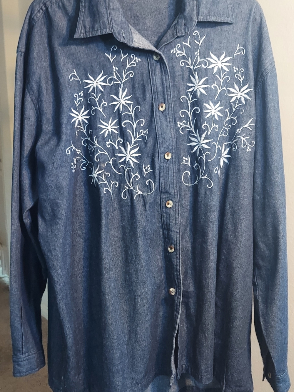 Women's Blue Denim Button-Down Shirt with White Floral Embroidery